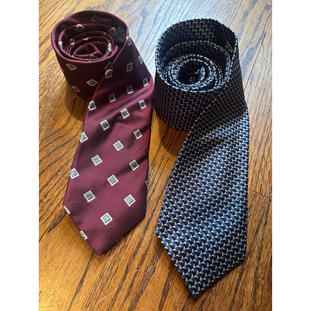 Jos A Bank Silk Tie Bundle 2 Pack Burgundy Blue Geometric Office Classic